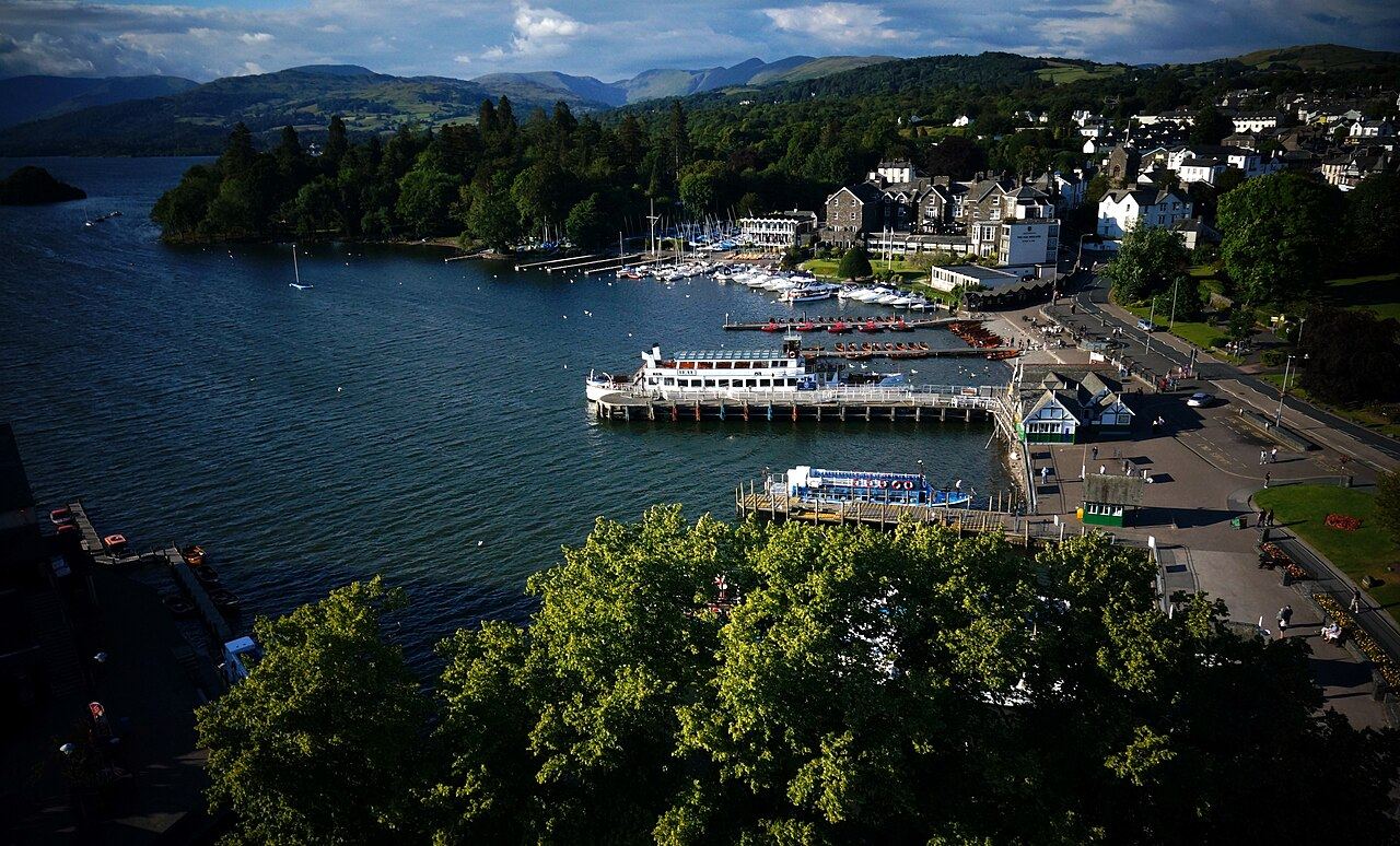 Boats and piers at Bowness-on-Windermere seen from above