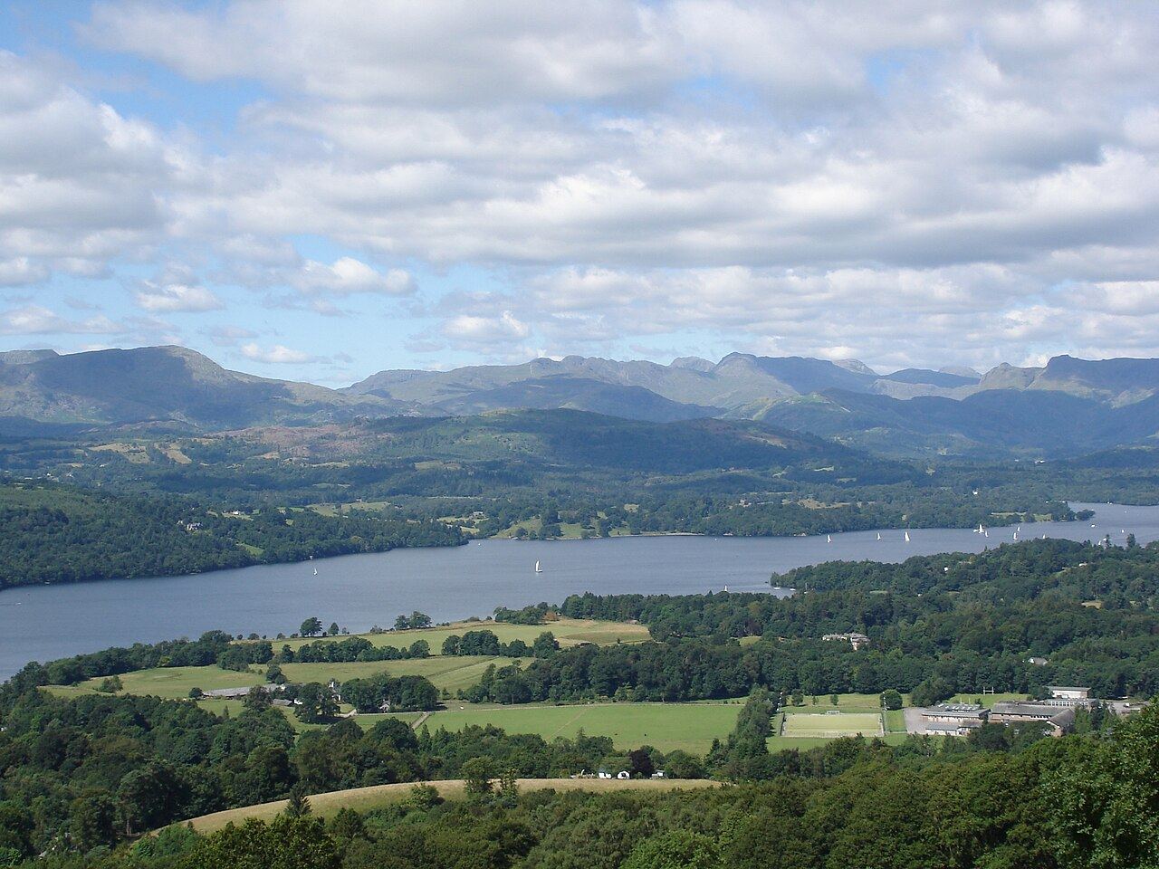 Lake Windermere with sailing boats and fells